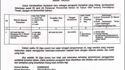 IKLAN KEHILANGAN SERTIPIKAT TANAH